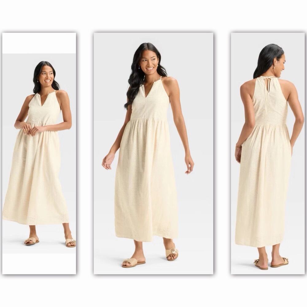 NWT Universal Thread Ivory Eyelet M Halter Maxi Dress Cottagecore Boho Sundress - Picture 3 of 10